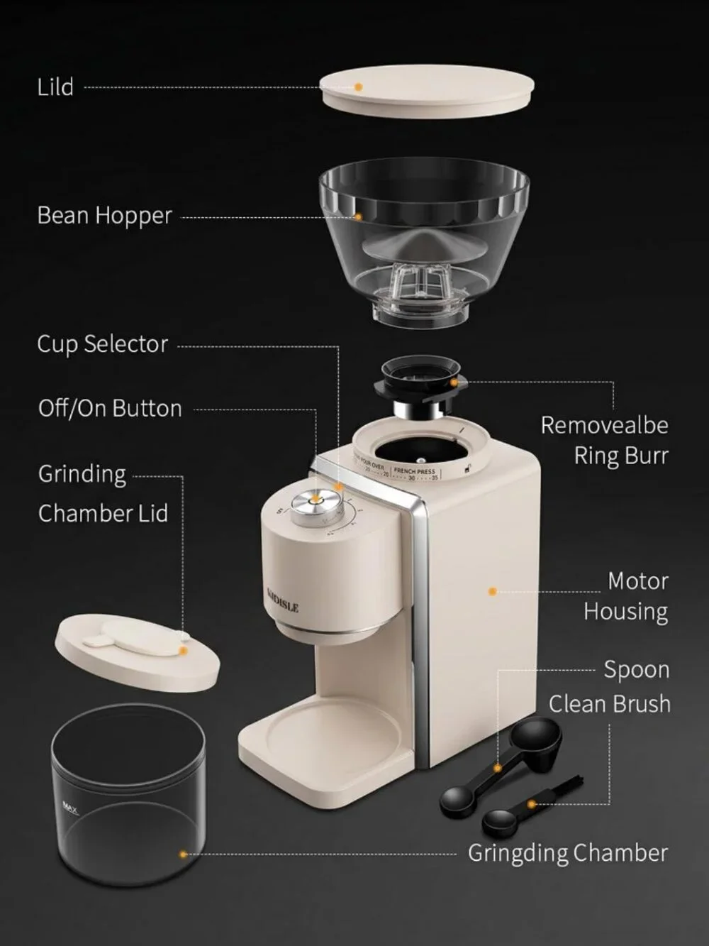 Electric Conical Burr Coffee Grinder, 35 Settings, Anti-Static, Home Use, Beige